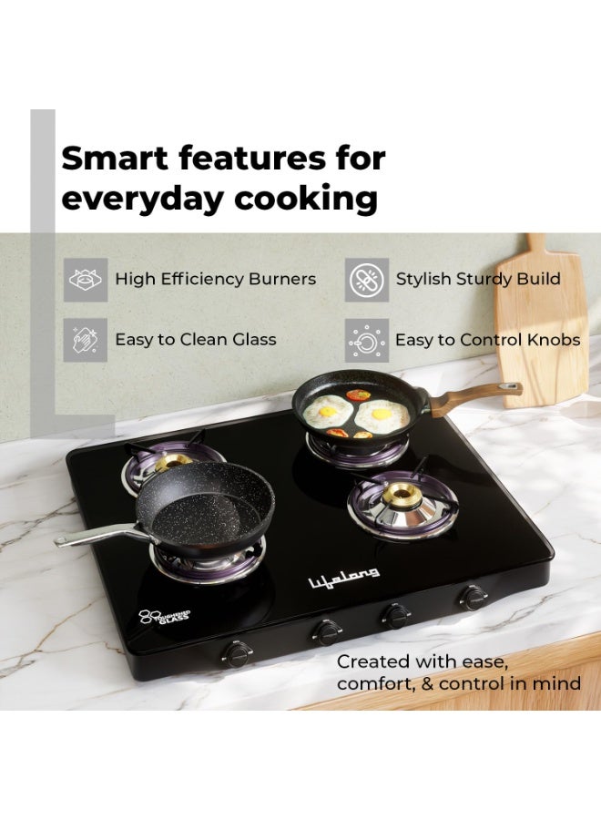 Lifelong 4 Burner Gas Stove with Free Gas Saver | Manual Ignition Cooktop, Modern Glass Stove Top for Modular Kitchen, ISI Certified & Compatible with LPG |1 Year Manufacturer’s Warranty (LLGS27GSS) - Image 4
