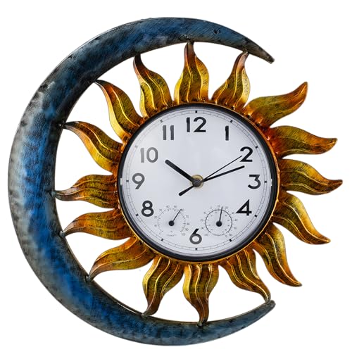 shumi Sun and Moon Outdoor Clock, Decorative Wall Clock for Patio Living Room,Silent Non-Ticking Outdoor Clock Thermometer Combo - Image 1