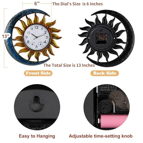 shumi Sun and Moon Outdoor Clock, Decorative Wall Clock for Patio Living Room,Silent Non-Ticking Outdoor Clock Thermometer Combo - Image 3
