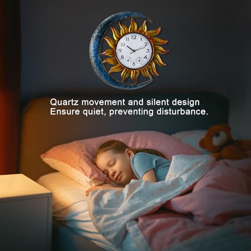 shumi Sun and Moon Outdoor Clock, Decorative Wall Clock for Patio Living Room,Silent Non-Ticking Outdoor Clock Thermometer Combo - Image 4