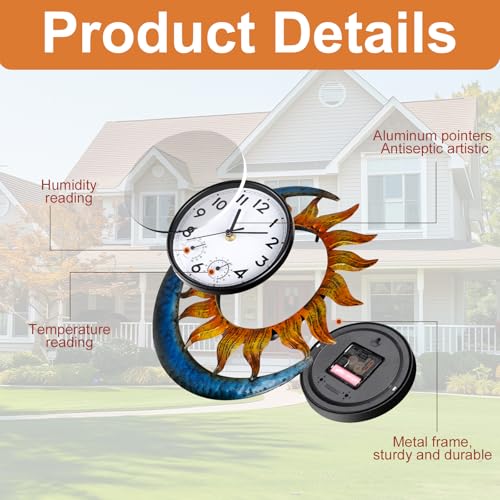 shumi Sun and Moon Outdoor Clock, Decorative Wall Clock for Patio Living Room,Silent Non-Ticking Outdoor Clock Thermometer Combo - Image 2