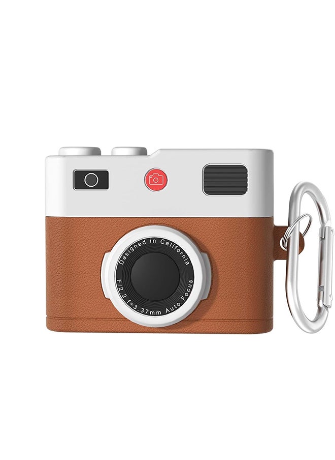 O Ozone Protective Case for Airpods 4 Case Cover with Keychain, Retro 3D Camera Protective Silicone Skin Headphone Case Cover- Brown  - Image 1