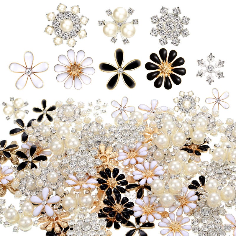 WILLBOND 80 Pieces Rhinestone Buttons Embellishments Buttons Faux Pearl Flat Back Flower Buttons for Jewelry Making DIY Craft Wedding Party Home Decoration Hair Accessory (Classic Style) - Image 1