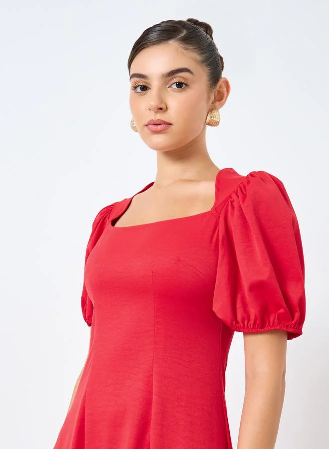 Styli Styli Solid Puff Sleeve Square Neck Midi Dress