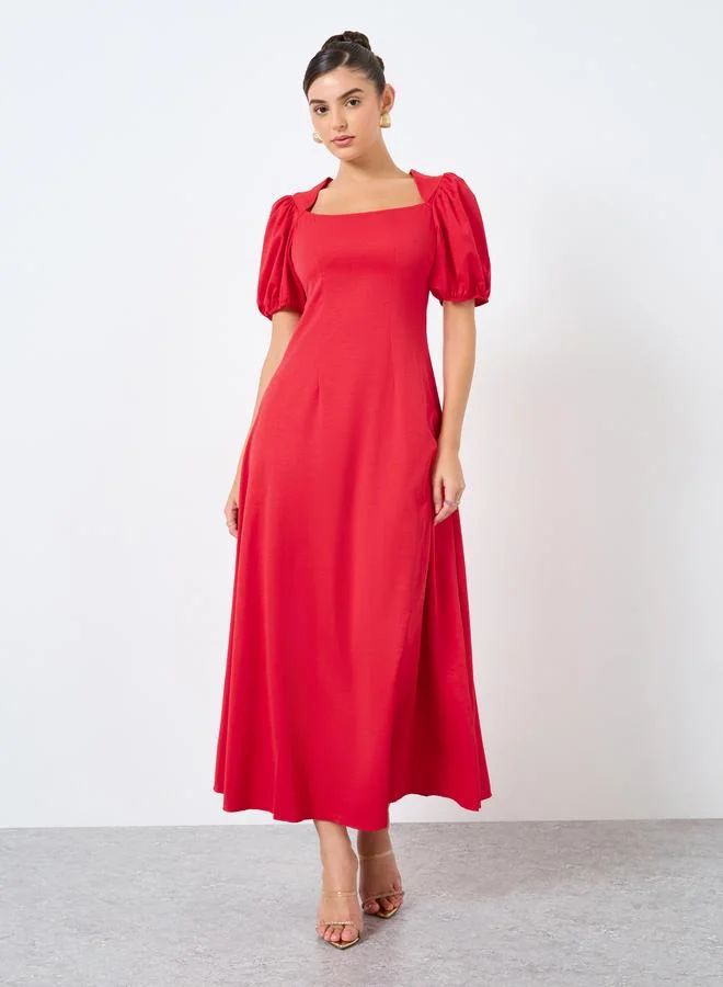 Styli Styli Solid Puff Sleeve Square Neck Midi Dress