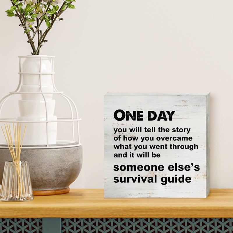 Yigaue One Day You will Tell the Story Wooden Box Sign Desk Decor 5 x 5 Inch Inspirational Box Sign Wood Plaque Block Sign Rustic Home Decor - Image 4