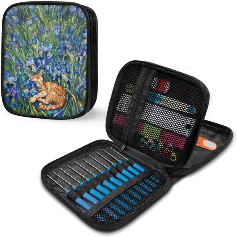 Vanideaoty Irise Cat Crochet Hook Case Portable Crochet Storage Organizer with Web Pockets Knitting Needle Case for Airports and Parks - Image 5