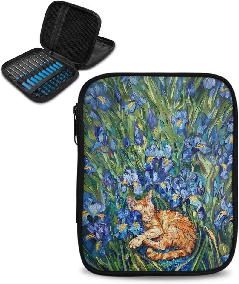 Vanideaoty Irise Cat Crochet Hook Case Portable Crochet Storage Organizer with Web Pockets Knitting Needle Case for Airports and Parks - Image 1