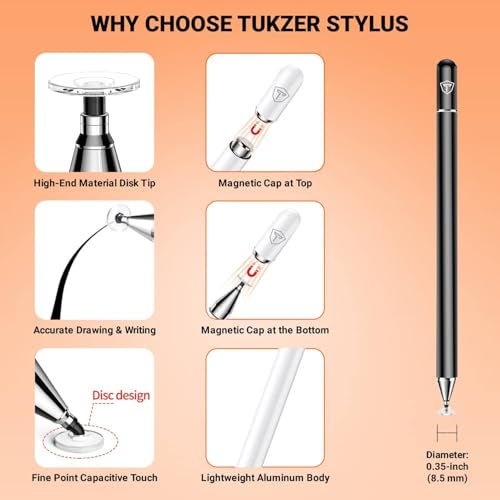 Tukzer Universal Stylus Pen for Smartphone/Tablet/iPad/Pro/Air/iPhone/iOS/Android/All Touch Screens Devices| Fine Point Disc Tip, Lightweight Aluminum Body Magnetic Cap Drawing Writing (Black) - Image 4