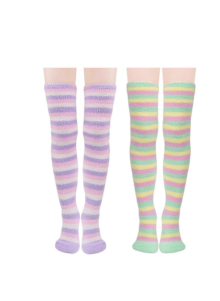 SYOSI Womens Thigh High Fuzzy Socks Over Knee High Long Striped Stocking Fluffy Cozy Slipper Fleece Gift Socks 2 Pairs - Image 1