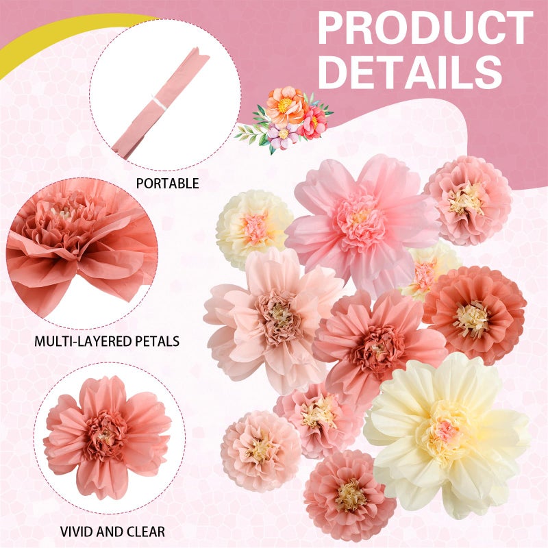 TaoBary زهور ورقية ملونة كبيرة 20"" زهور فييستا عملاقة زهور ورقية زهور كرنفال مكسيكي ديكور خلفية حائط لحفل زفاف عيد ميلاد (لون وردي 12 قطعة) - Image 4