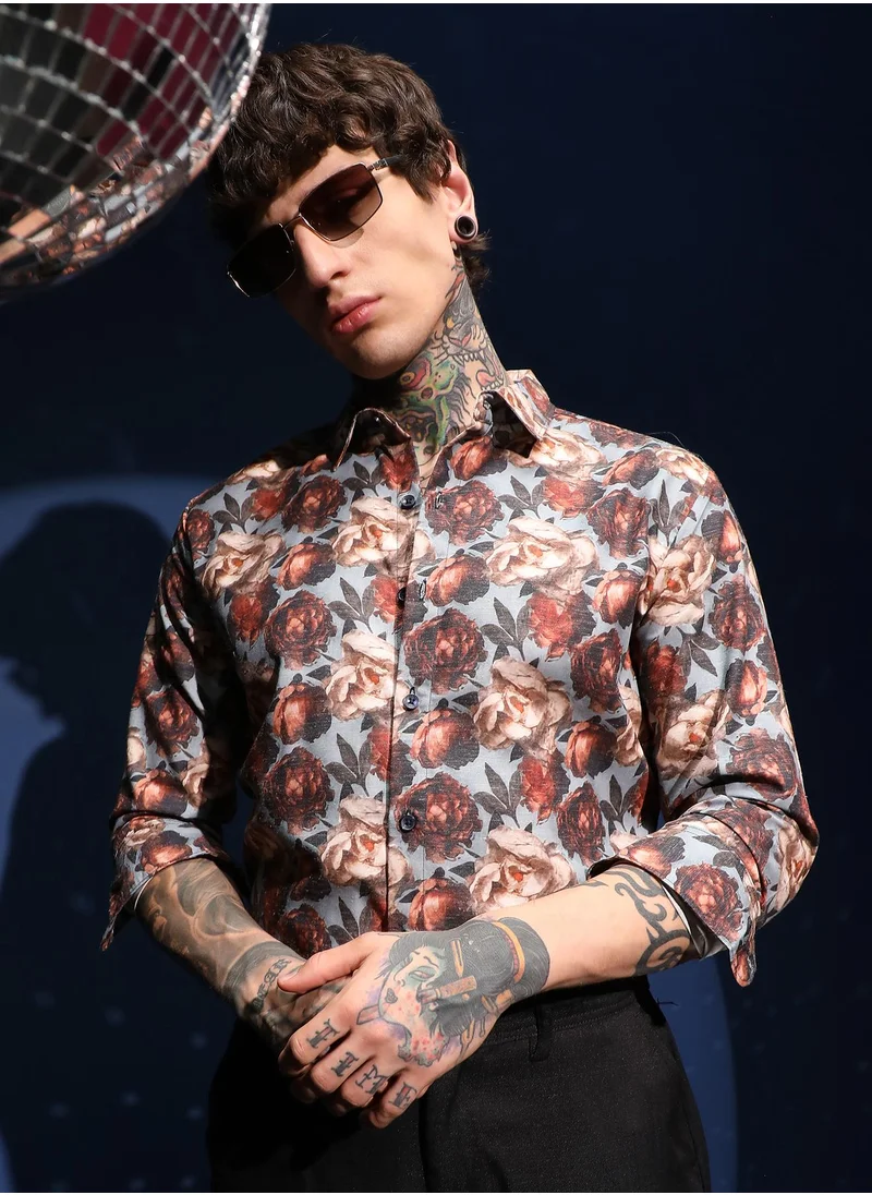 كامبوس سوترا Men's Cloud Grey & Russet Brown All-Over-Roses Shirt For Casual Wear | Spread Collar | Long Cuffed Sleeves | Button Closure | Shirt Crafted With Comfort Fit For Everyday Wear