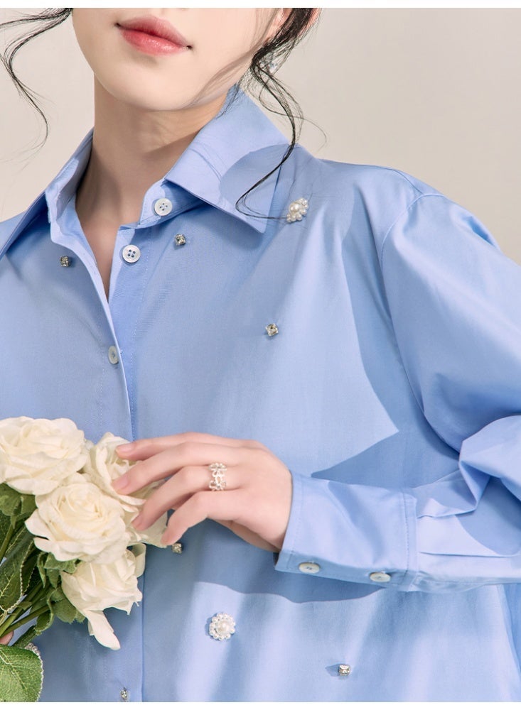 Women Blue Pearl Embellished Shirt Loose Fit Blouse Long Sleeve Button Down Elegant Casual Top Spring Summer Fashion - Image 5