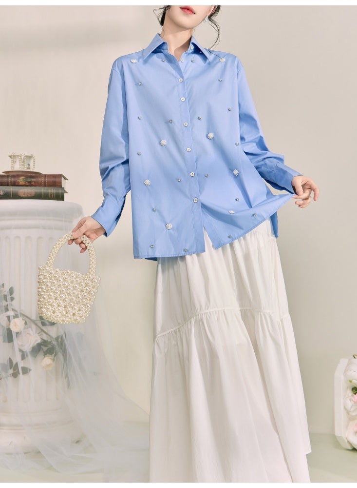 Women Blue Pearl Embellished Shirt Loose Fit Blouse Long Sleeve Button Down Elegant Casual Top Spring Summer Fashion - Image 4