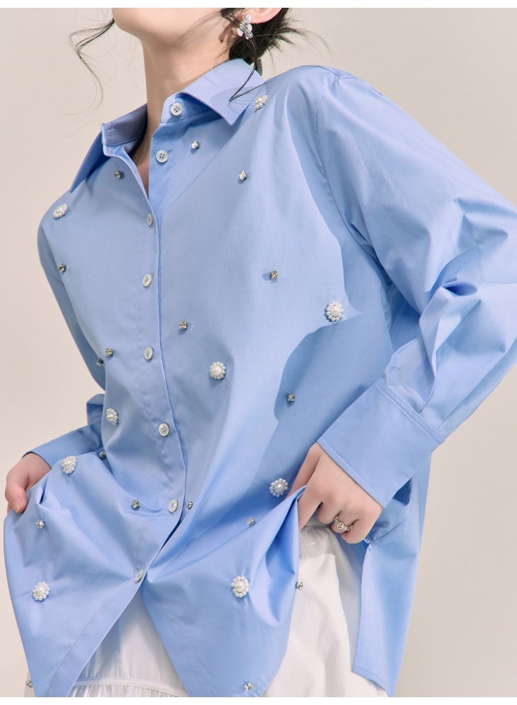 Women Blue Pearl Embellished Shirt Loose Fit Blouse Long Sleeve Button Down Elegant Casual Top Spring Summer Fashion - Image 1