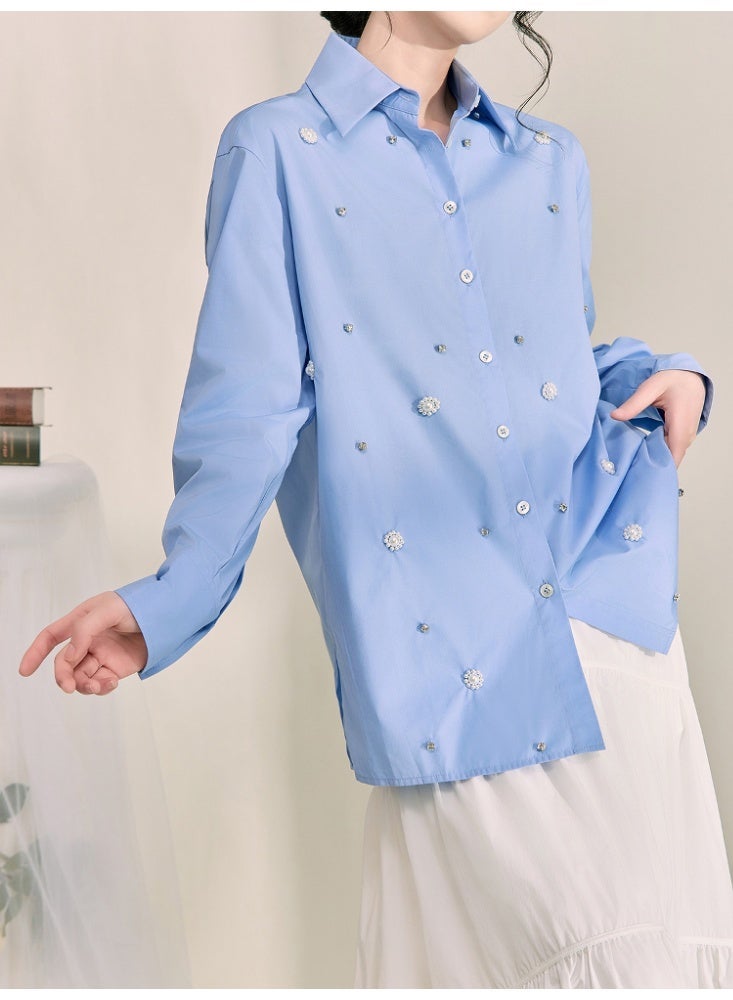 Women Blue Pearl Embellished Shirt Loose Fit Blouse Long Sleeve Button Down Elegant Casual Top Spring Summer Fashion - Image 3
