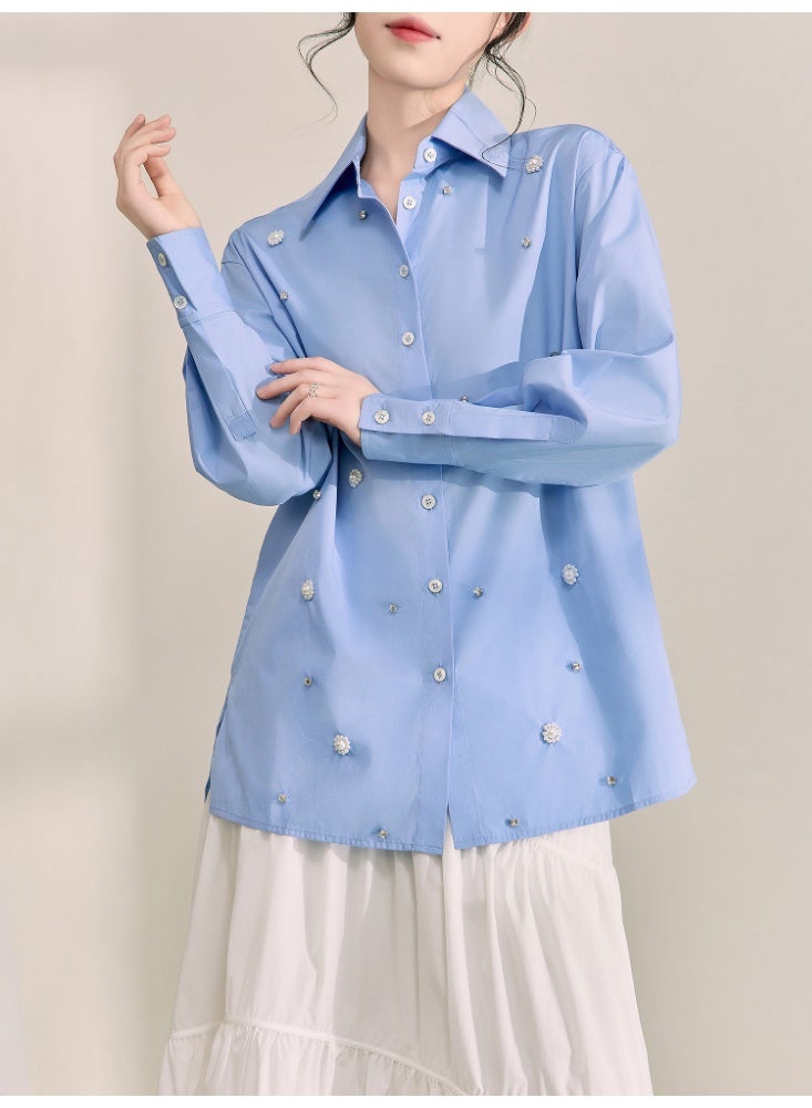 Women Blue Pearl Embellished Shirt Loose Fit Blouse Long Sleeve Button Down Elegant Casual Top Spring Summer Fashion - Image 2