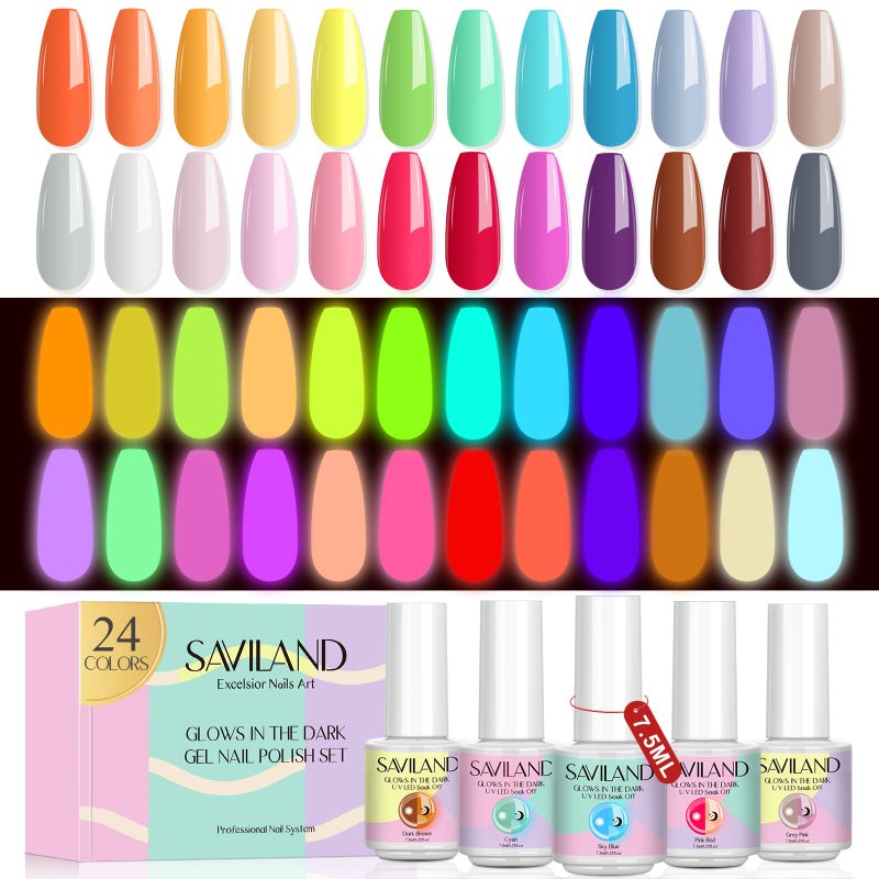 SAVILAND Glows in The Dark Nail Polish Set 24 Holiday Brighrly Colors Luminous Quicking-drying U V Neon Gel Nail Polish Set Reflective Glow Effect Full Coverage Easy to Use Gel Polish Holiday Gifts - Image 1