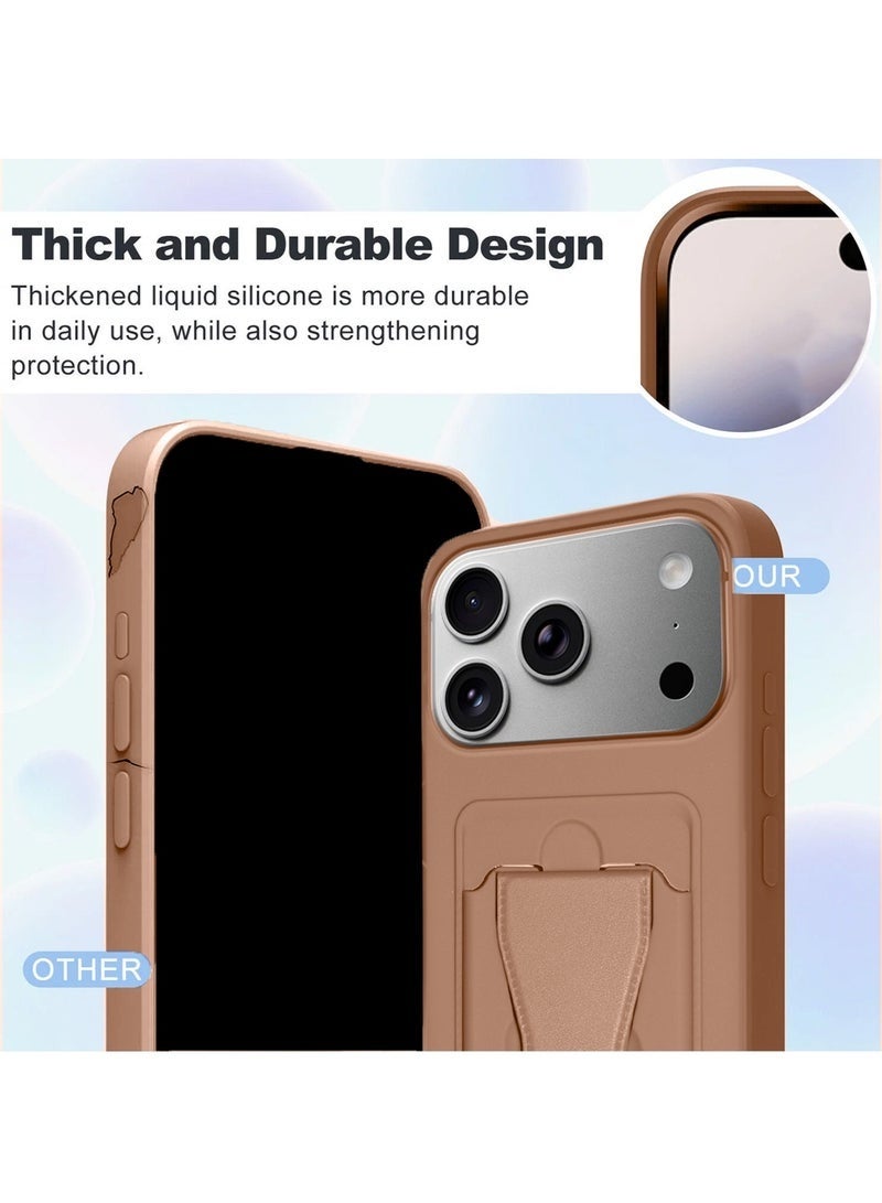 YJS iPhone 17 Pro 5G 2025 Silicone TPU Card Holder with Hand Grip Case | Slim Shockproof Wallet Cover with Kickstand Strap, Durable Protective Back Pocket (MCHPSN) – Brown - Image 2