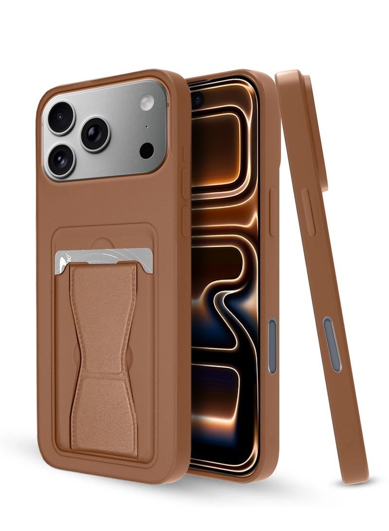 YJS iPhone 17 Pro 5G 2025 Silicone TPU Card Holder with Hand Grip Case | Slim Shockproof Wallet Cover with Kickstand Strap, Durable Protective Back Pocket (MCHPSN) – Brown - Image 1