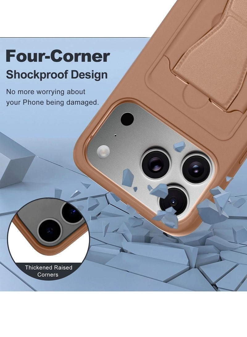 YJS iPhone 17 Pro 5G 2025 Silicone TPU Card Holder with Hand Grip Case | Slim Shockproof Wallet Cover with Kickstand Strap, Durable Protective Back Pocket (MCHPSN) – Brown - Image 3