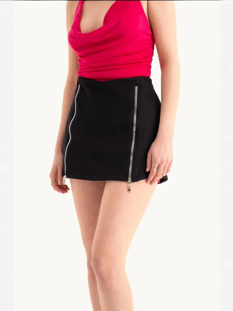 HICCUP Black Mid Rise Zippered Mini Skirt for Women | Best Price UAE