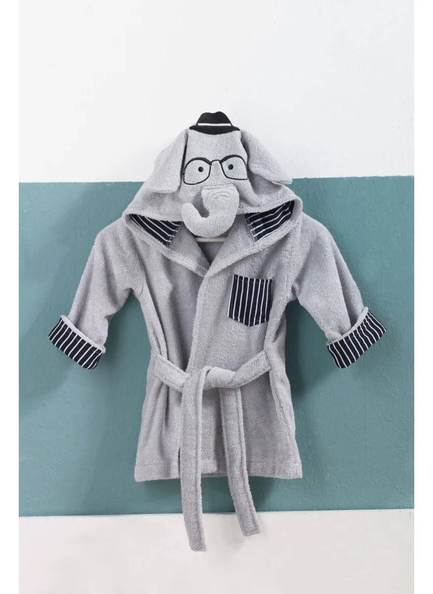 Tanem Home Light Gray Male Elephant Children's Bathrobe 100% Cotton 3D Embroidered