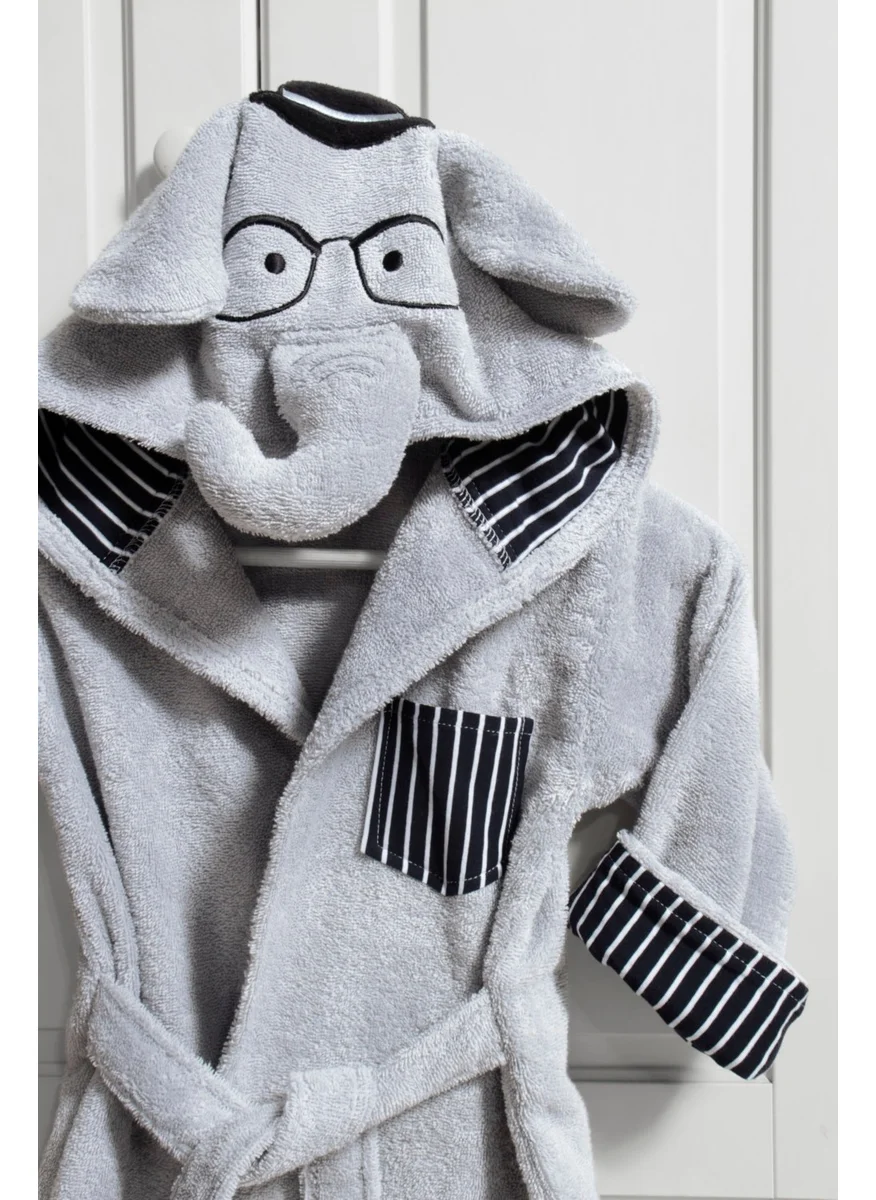 Tanem Home Light Gray Male Elephant Children's Bathrobe 100% Cotton 3D Embroidered