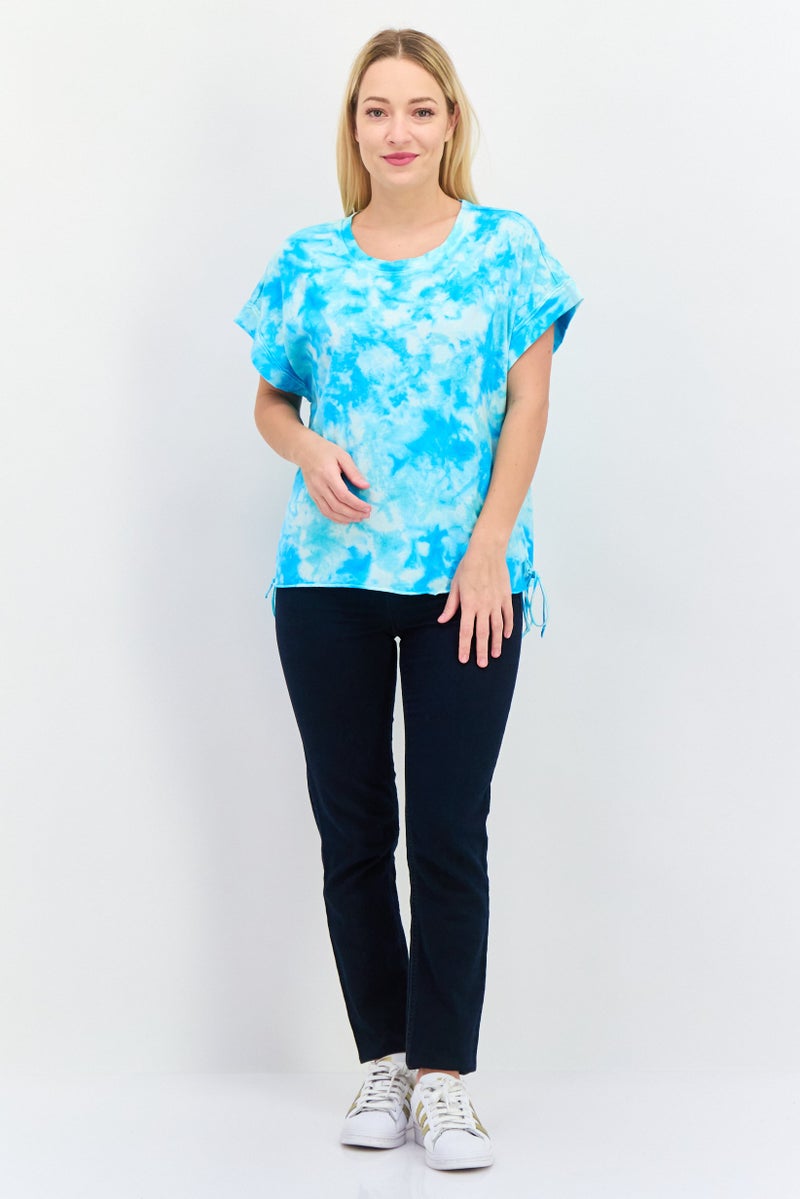 Frayed Jeans Women Round Neck Short Sleeve Tie Dye Top, Multicolor - Image 4
