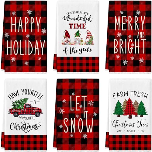 TREWAVE Christmas Kitchen Towels Dish Towels 18 x 27 Inch Buffalo Plaid Kitchen Decor Winter Holiday Tea Towels Hand Towels Christmas Absorbent Drying Cloth for Cooking Set of 6 - Image 1