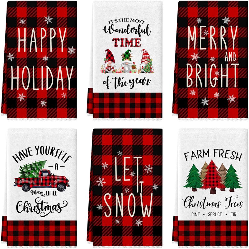 TREWAVE Christmas Kitchen Towels Dish Towels 18 x 27 Inch Buffalo Plaid Kitchen Decor Winter Holiday Tea Towels Hand Towels Christmas Absorbent Drying Cloth for Cooking Set of 6 - Image 2