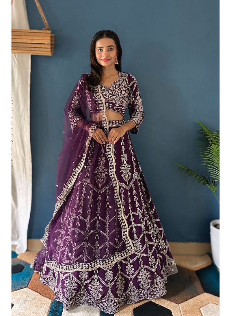 Super Asian Lavender Faux Georgette Lehenga Set with Net Dupatta & Sequin Embroidery Work | Elegant Party Wear  - Image 1