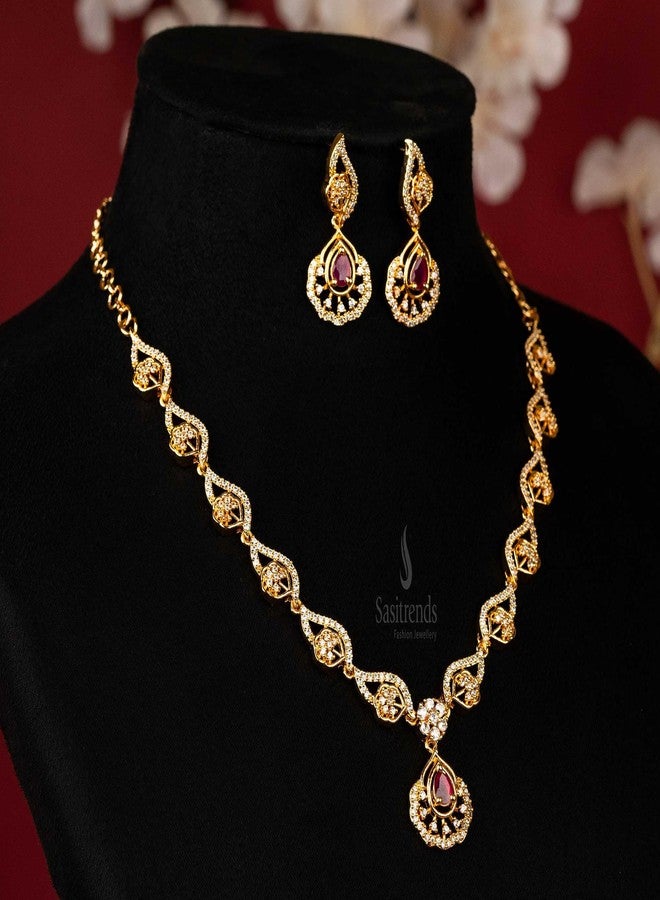 Sasitrends American Diamond White-Ruby Sonte Studded Micro Gold Plated Jewellery Set for Women & Girls - Image 3