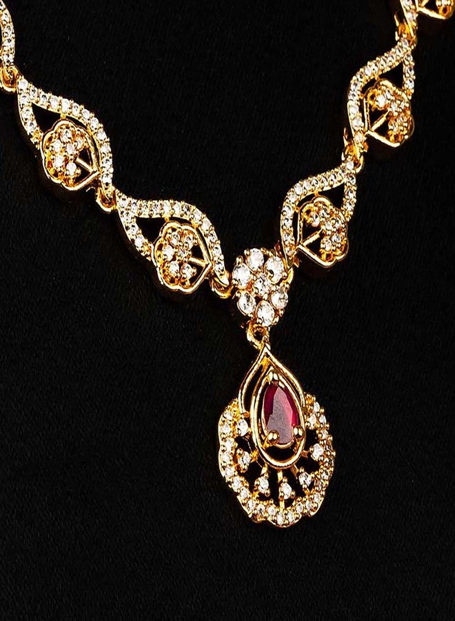 Sasitrends American Diamond White-Ruby Sonte Studded Micro Gold Plated Jewellery Set for Women & Girls - Image 5