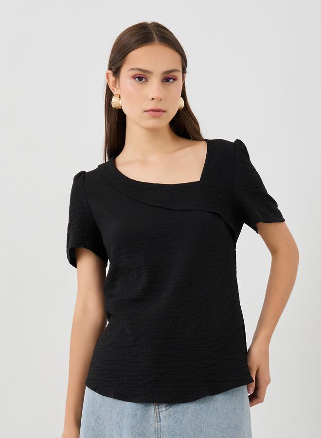 تايك تو توب بياقة غير متماثلة بلون سادة - Image 2