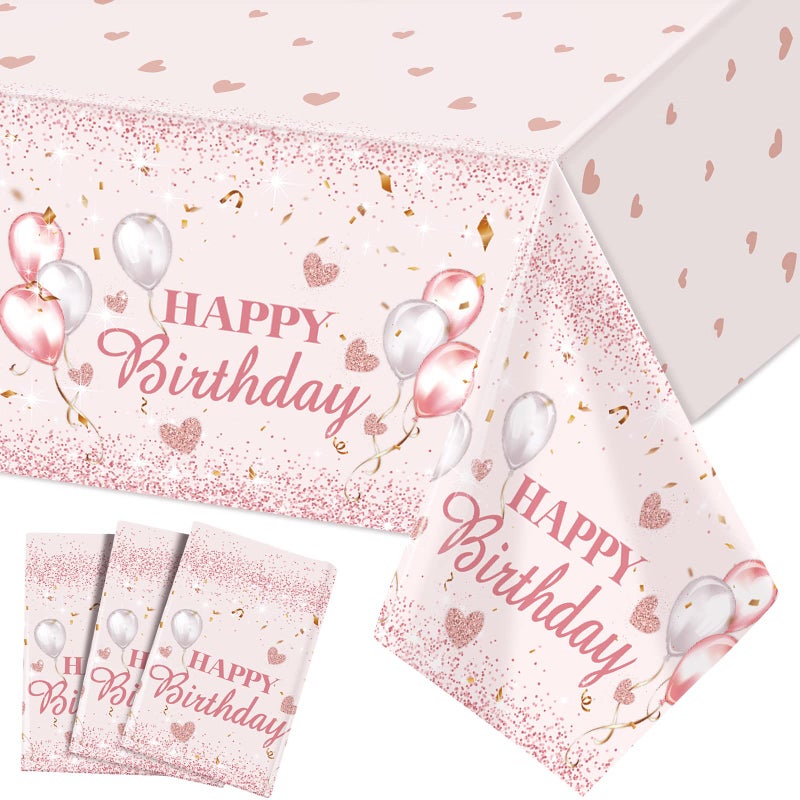 Breling 3 Pcs Pink and Rose Gold Tablecloths Happy Birthday Tablecloths Glitter Table Cloths Disposable Plastic Table Cover for Women Sweet 16 Birthday Party Decorations 54 x 108 Inch