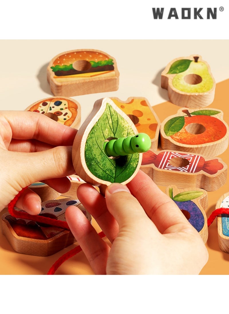 Greedy Caterpillar Threading Bead Toy, Educational Wooden Game for Kids, Enhances Logical Thinking, Perfect for Fruit Recognition and Color Matching,Perfect for Children Over 3 Years