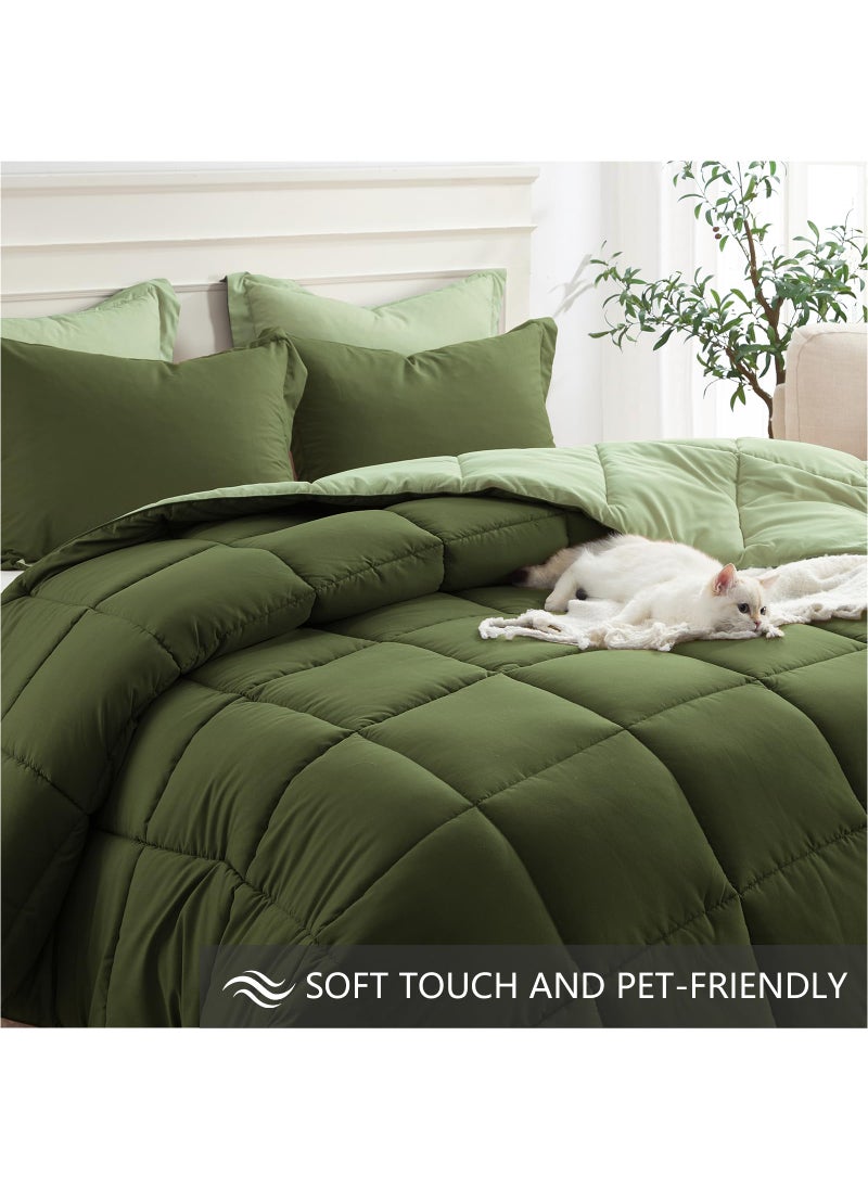 Homelike Moment Homelike Moment King Size Comforter Set Olive Green  Comforters King Size Bedding Set  Soft Lightweight Down Alternative Bed Comforter Reversible All Season 3 Piece Bedding Sets Olive Green/Sage Green  - Image 4