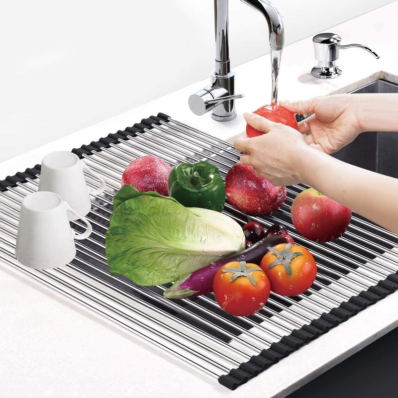 Cloudzy Roll Up Dish Drying Rack Roll Up Shelf Over Sink Drainer MultiUse Stainless Steel Foldable Mat Kitchen Sink Counter Top Adjustable Folding Rolling Dish Drainer - Image 5
