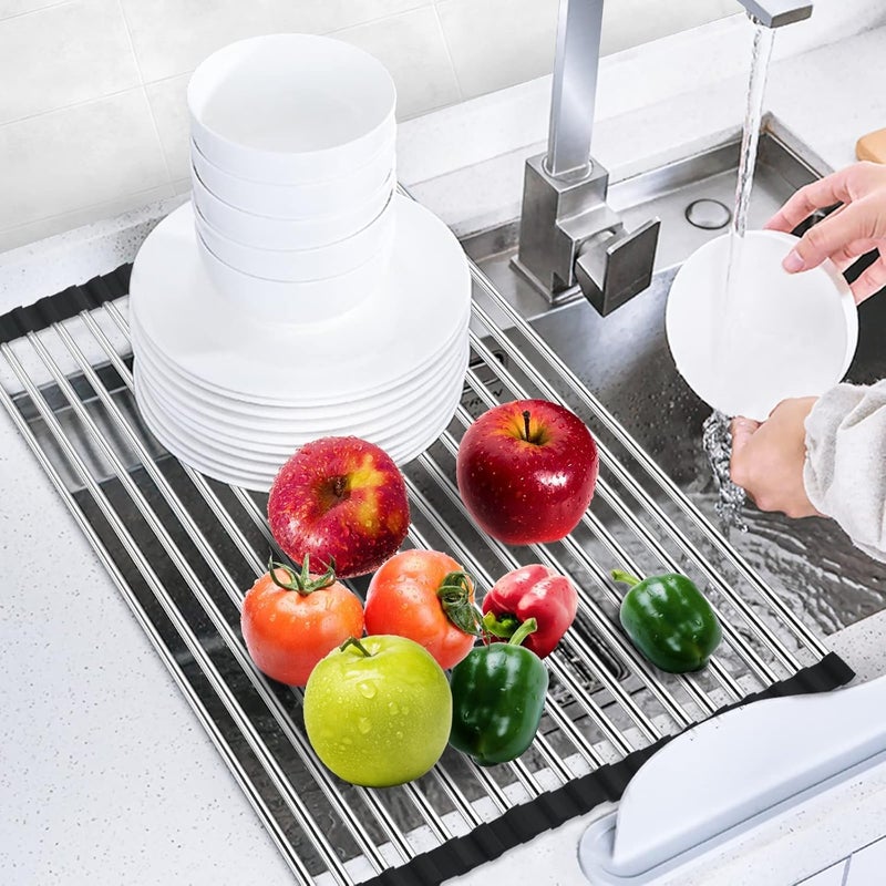 Cloudzy Roll Up Dish Drying Rack Roll Up Shelf Over Sink Drainer MultiUse Stainless Steel Foldable Mat Kitchen Sink Counter Top Adjustable Folding Rolling Dish Drainer - Image 3