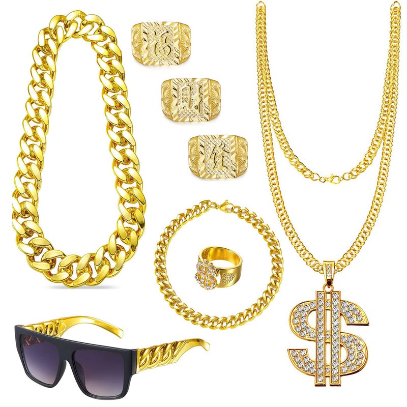 EIELO 80s 90s Accessories Outfit for Men Hip Hop Costume Kit Old School Rapper Sunglasses Faux Gold Rope Chain Bracelet Dollar Sign Chain Ring Kanji Ring Halloween Party Decorations - Image 1