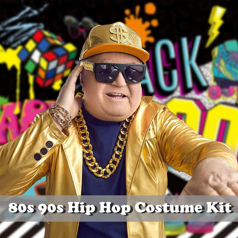 EIELO 80s 90s Accessories Outfit for Men Hip Hop Costume Kit Old School Rapper Sunglasses Faux Gold Rope Chain Bracelet Dollar Sign Chain Ring Kanji Ring Halloween Party Decorations - Image 2
