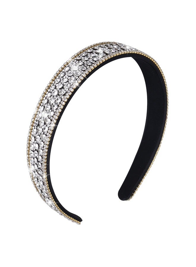 Sibba 1 PC Headband Rhinestone Wide Hair Band Headpiece Bridal Wedding Fashion Fancy Jeweled Bling Silver Beaded Sparkly Faux Diamond Crystal Sparkle Sequin Headwear Birthday Dressy Girl Women - Image 1