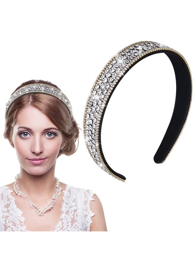 Sibba 1 PC Headband Rhinestone Wide Hair Band Headpiece Bridal Wedding Fashion Fancy Jeweled Bling Silver Beaded Sparkly Faux Diamond Crystal Sparkle Sequin Headwear Birthday Dressy Girl Women - Image 2