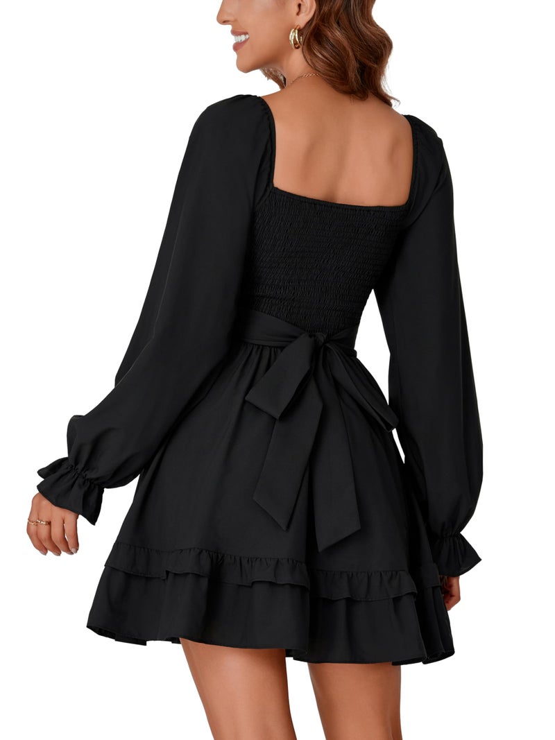 KIFOVEN Women's Lantern Long Sleeve Smocked Wrap Tiered Ruffle Flowy A Line Short Mini Dress Black X-Large - Image 5