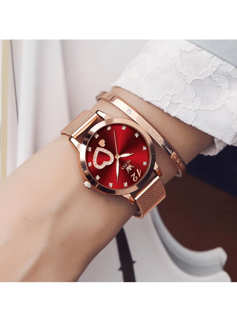 أوليفز ساعة OLEVS النسائية، ساعة معصم صغيرة باللون الذهبي الوردي والألماس اللطيف على شكل قلب وأرقام عربية للنساء، ساعة رسمية عصرية مقاومة للماء بسوار شبكي تناظري - Image 4