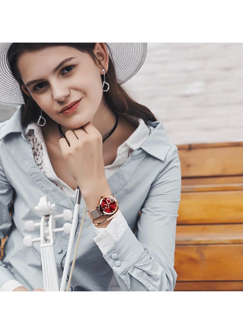 أوليفز ساعة OLEVS النسائية، ساعة معصم صغيرة باللون الذهبي الوردي والألماس اللطيف على شكل قلب وأرقام عربية للنساء، ساعة رسمية عصرية مقاومة للماء بسوار شبكي تناظري - Image 3