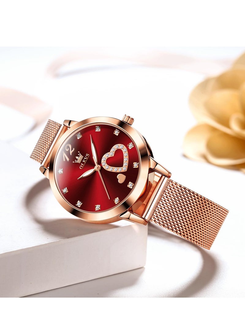 أوليفز ساعة OLEVS النسائية، ساعة معصم صغيرة باللون الذهبي الوردي والألماس اللطيف على شكل قلب وأرقام عربية للنساء، ساعة رسمية عصرية مقاومة للماء بسوار شبكي تناظري - Image 2