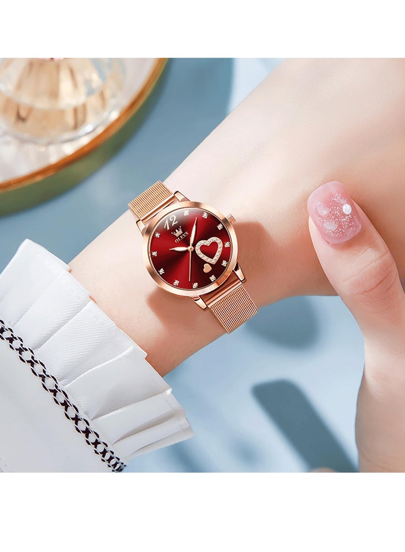 أوليفز ساعة OLEVS النسائية، ساعة معصم صغيرة باللون الذهبي الوردي والألماس اللطيف على شكل قلب وأرقام عربية للنساء، ساعة رسمية عصرية مقاومة للماء بسوار شبكي تناظري - Image 5