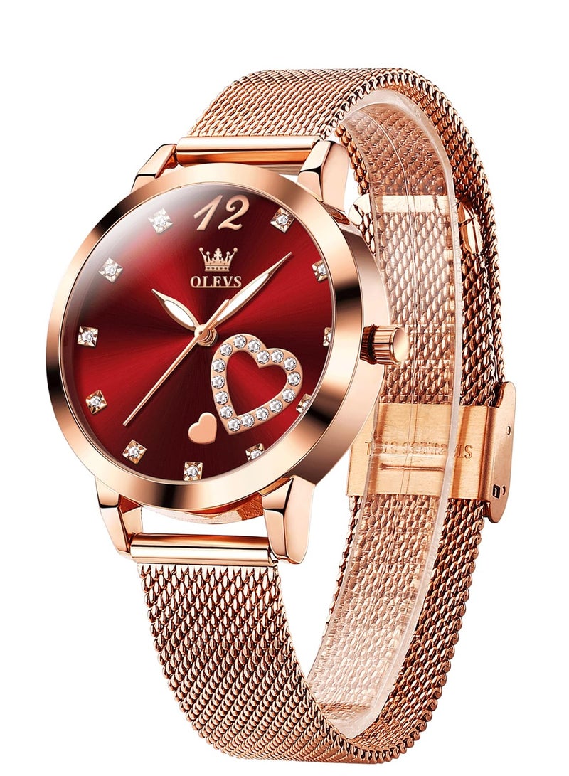 أوليفز ساعة OLEVS النسائية، ساعة معصم صغيرة باللون الذهبي الوردي والألماس اللطيف على شكل قلب وأرقام عربية للنساء، ساعة رسمية عصرية مقاومة للماء بسوار شبكي تناظري - Image 1